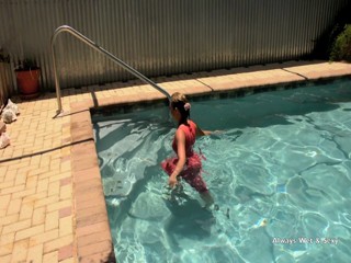 Natalia in Peach Dress going for a swim