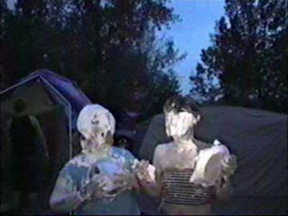 Two girls shaving cream pie fight part II