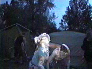 Two girls shaving cream pie fight part II