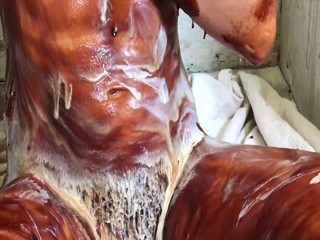 Very Sexy Messy Girl playing with Chocolate and Cream