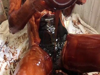 Very Sexy Messy Girl playing with Chocolate and Cream