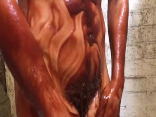 Very Sexy Messy Girl playing with Chocolate and Cream