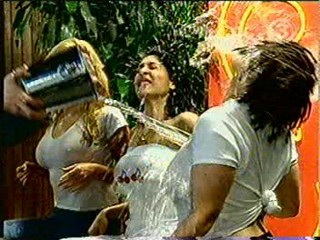 Three girls get wet on a TV show